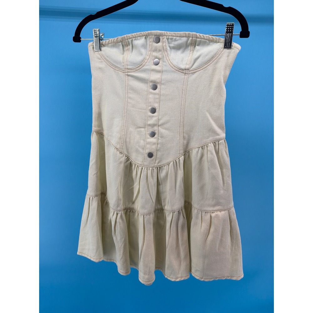 Peppermayo Adriana Denim Bustier Dress Antique Ivory Strapless Mini Tiered